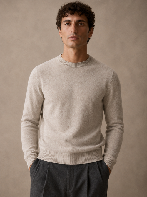 Men's merino crew-neck knit in oatmeal, worn