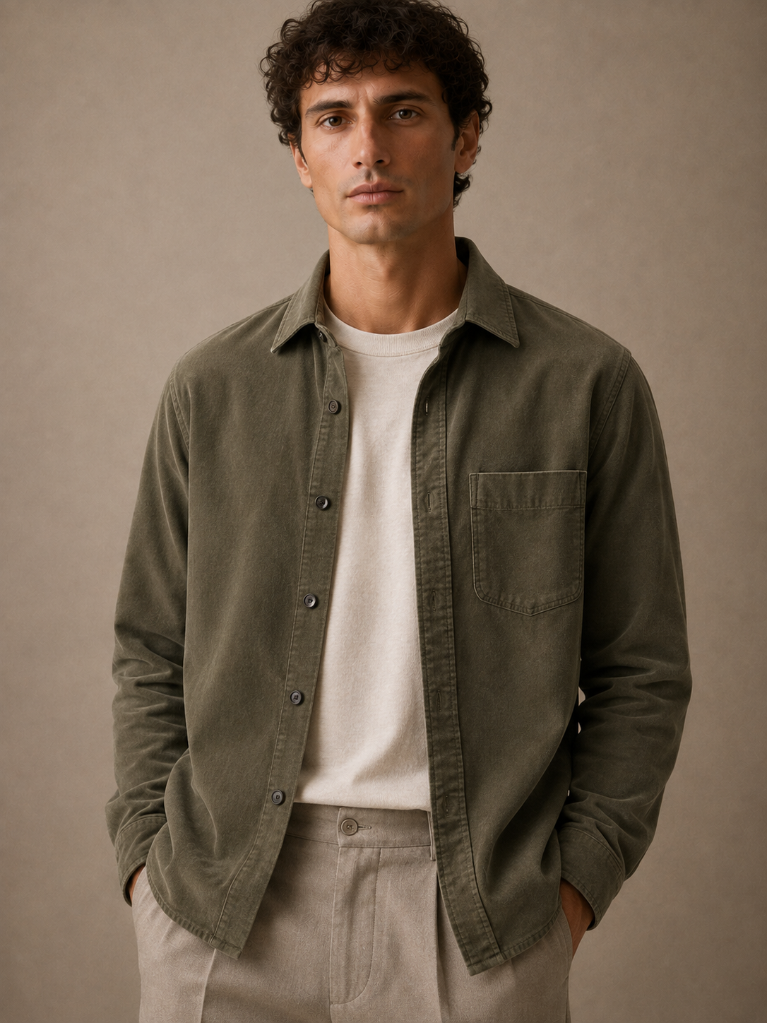 Garment-dyed overshirt in olive brushed cotton, worn
