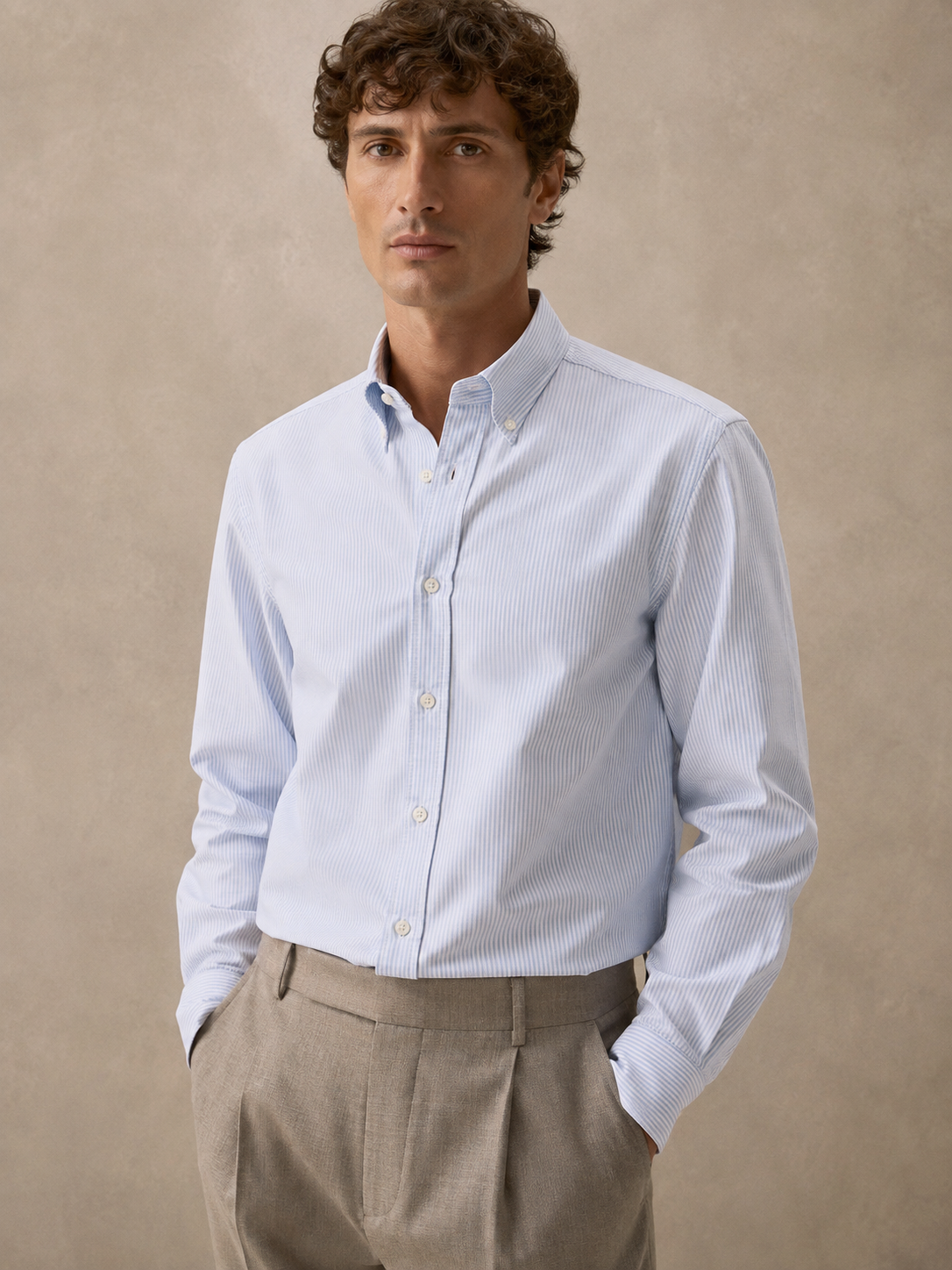 Thread Oxford Shirt in pale blue-and-white oxford cotton, worn