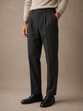 Men's pleated wool trouser in charcoal, worn