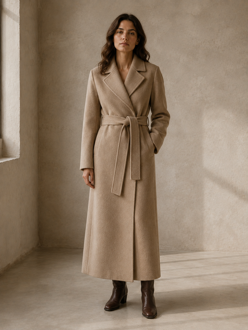 Belted wrap coat in camel-taupe wool, worn