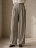 Women's high-waist wool trouser in stone grey, worn
