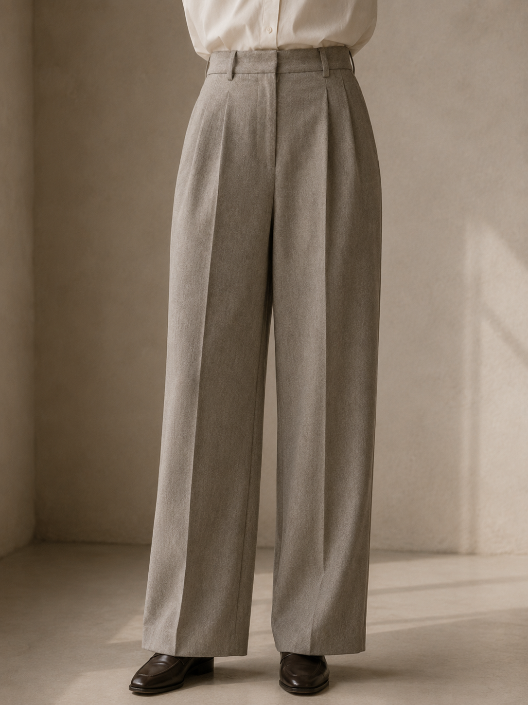 Women's high-waist wool trouser in stone grey, worn