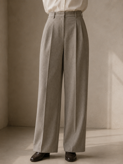 Women's high-waist wool trouser in stone grey, worn